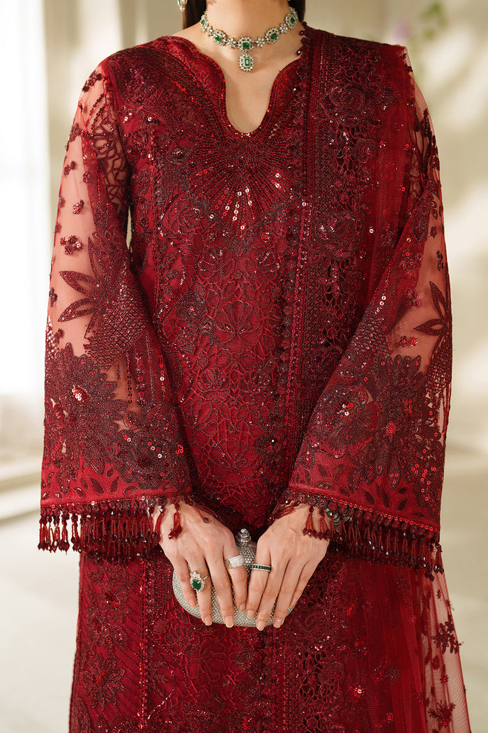 Baroque CH14-01 Maroon Sleek Long Shirt with Crushed Sharara,Front Open Gown with Sharara Pants for Wedding Wear - Pakistani Designer Wear for Women in UK | Kifat