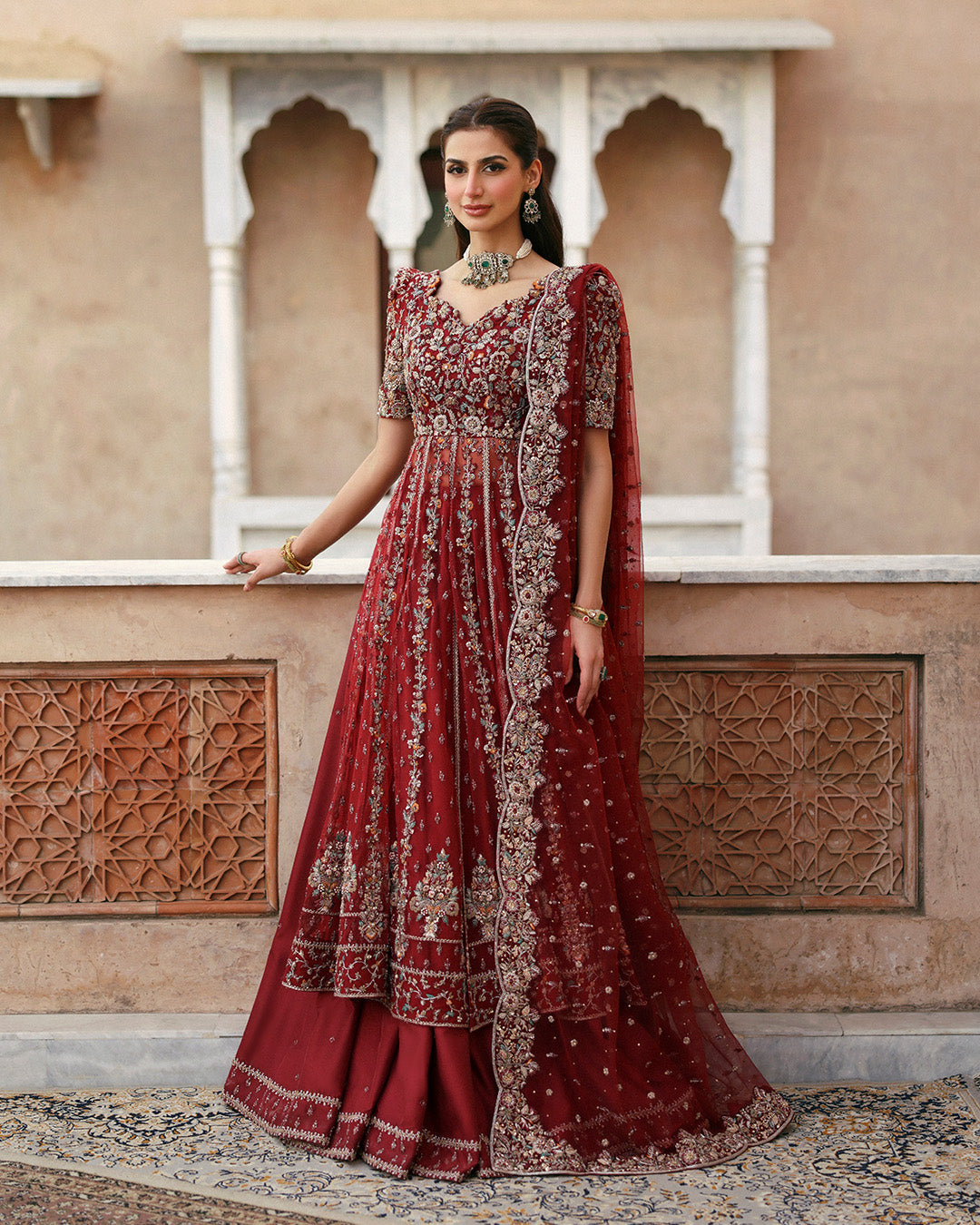 Model Wearing Faiza Saqlain Zelia Red Kalidaar for wedding wear - Pakistani Designer Wear for Women in UK | Kifat