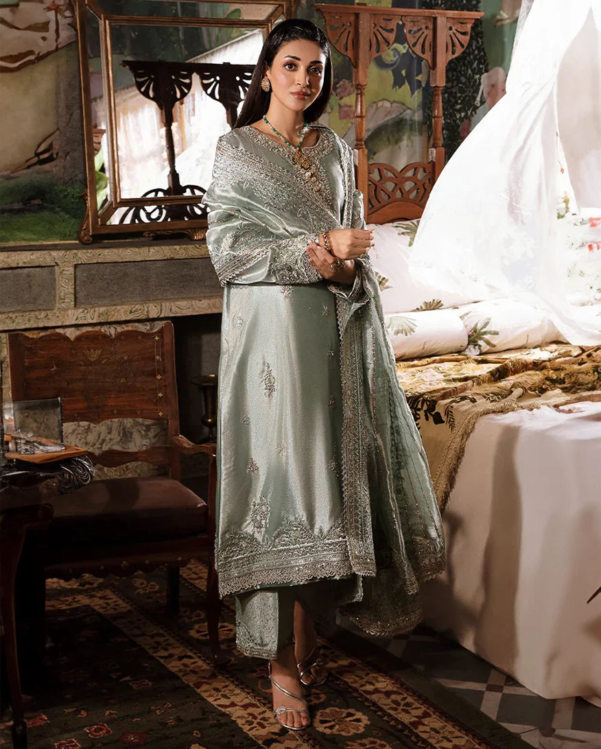 Women Wearing Heer Sea Green Silver Long Shirt for Formal Events - Pakistani Designer Wear for Women in UK | Kifat
