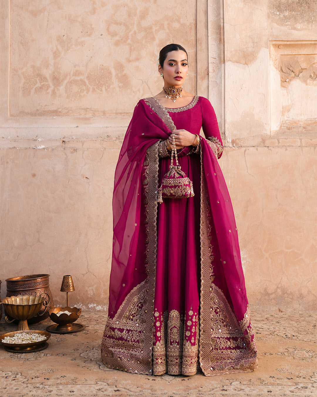 Model Wearing Faiza Saqlain Cassia Vivid Burgundy Pishwas with Churidar for wedding wear - Pakistani Designer Wear for Women in UK | Kifat