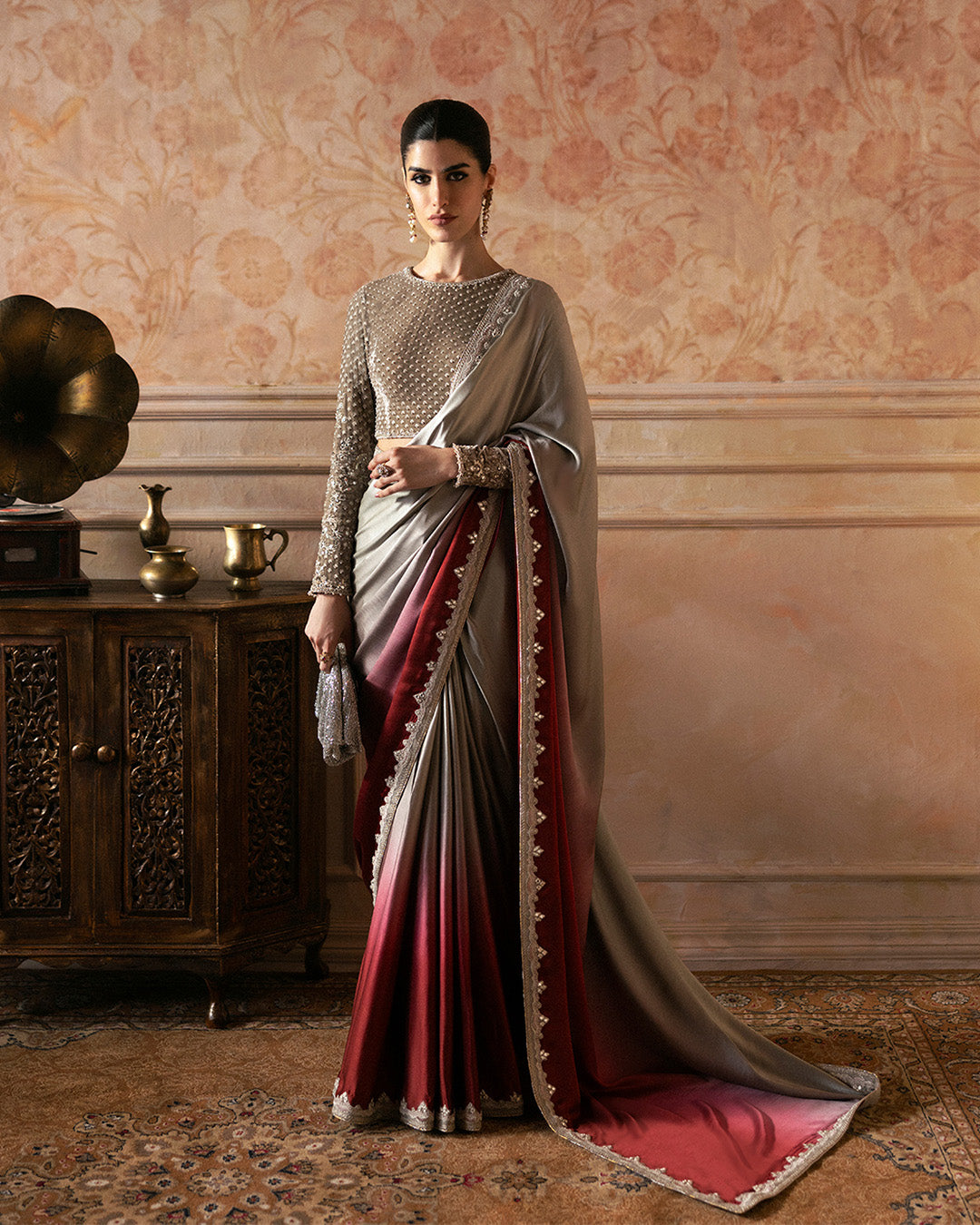 Model Wearing Faiza Saqlain Caryn Ombre Red Saree for wedding wear - Pakistani Designer Wear for Women in UK | Kifat