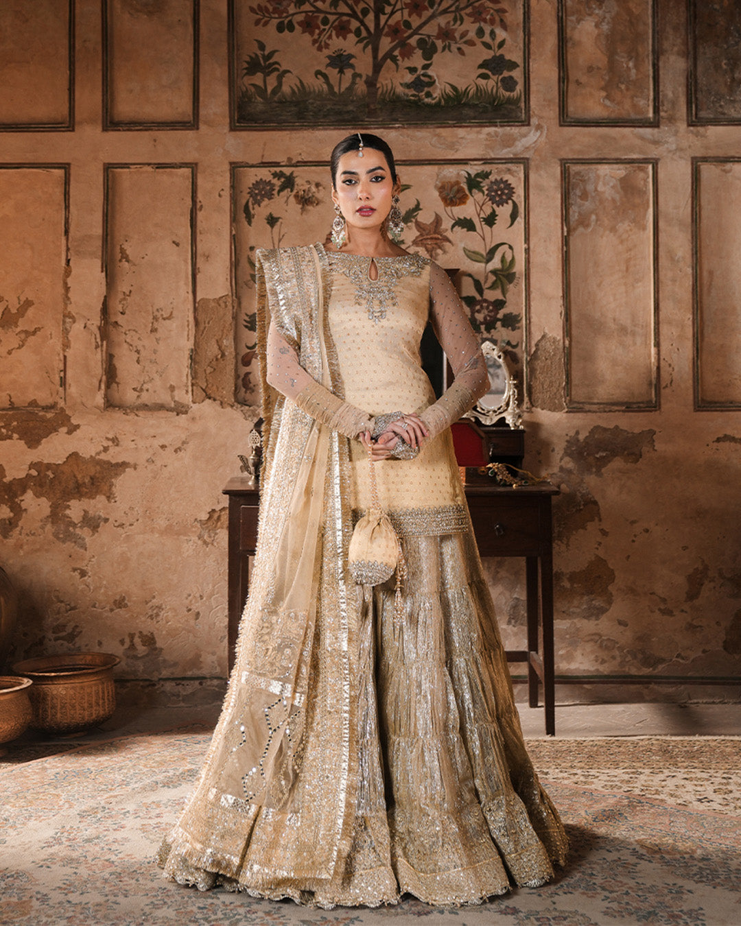 Model Wearing Faiza Saqlain Camillie Gold Shirt with Gharara for wedding wear - Pakistani Designer Wear for Women in UK | Kifat