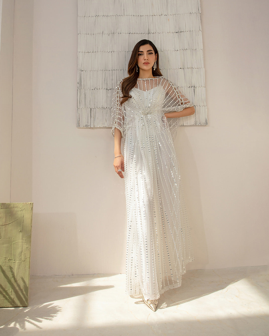 Model Wearing Faiza Saqlain Ariella White Kaftan for formal events wear - Pakistani Designer Wear for Women in UK | Kifat