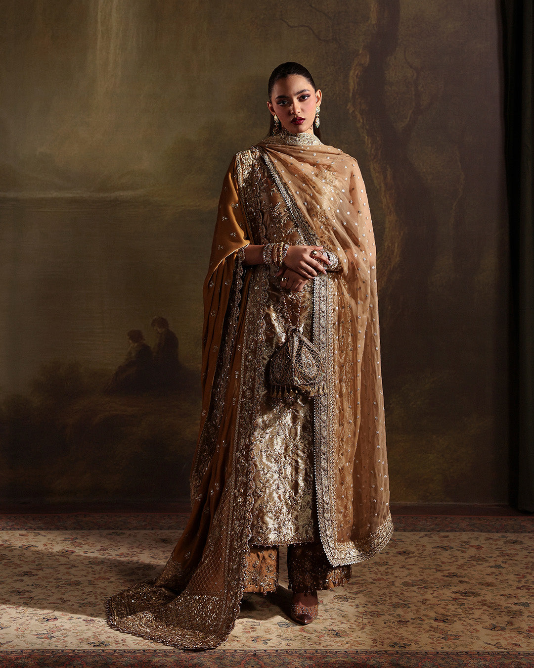 Model Wearing Faiza Saqlain Reit Mustard Gold Hue Shirt with Trouser for wedding wear - Pakistani Designer Wear for Women in UK | Kifat
