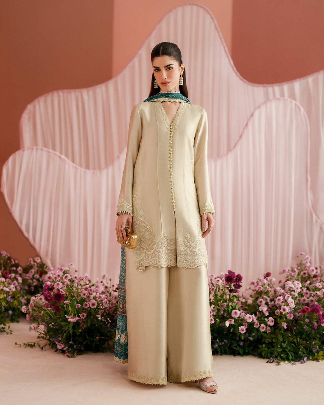 Women Wearing Rimaas Warm Ivory and Teal Shirt with Flared Pants for Luxury Events - Pakistani Designer Wear for Women in UK | Kifat