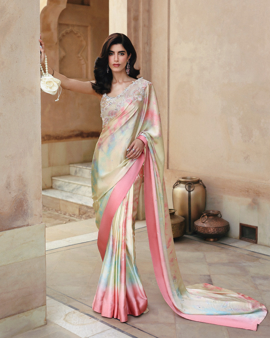 Model Wearing Faiza Saqlain Kalara Multi Tie-and-Dye Saree for wedding wear - Pakistani Designer Wear for Women in UK | Kifat