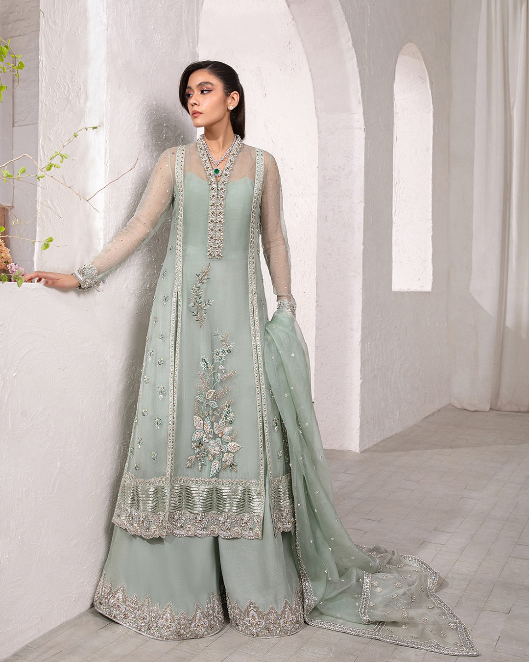 Model Wearing Faiza Saqlain Marvela Ice Blue Shirt with Flared Pants for formal events wear - Pakistani Designer Wear for Women in UK | Kifat