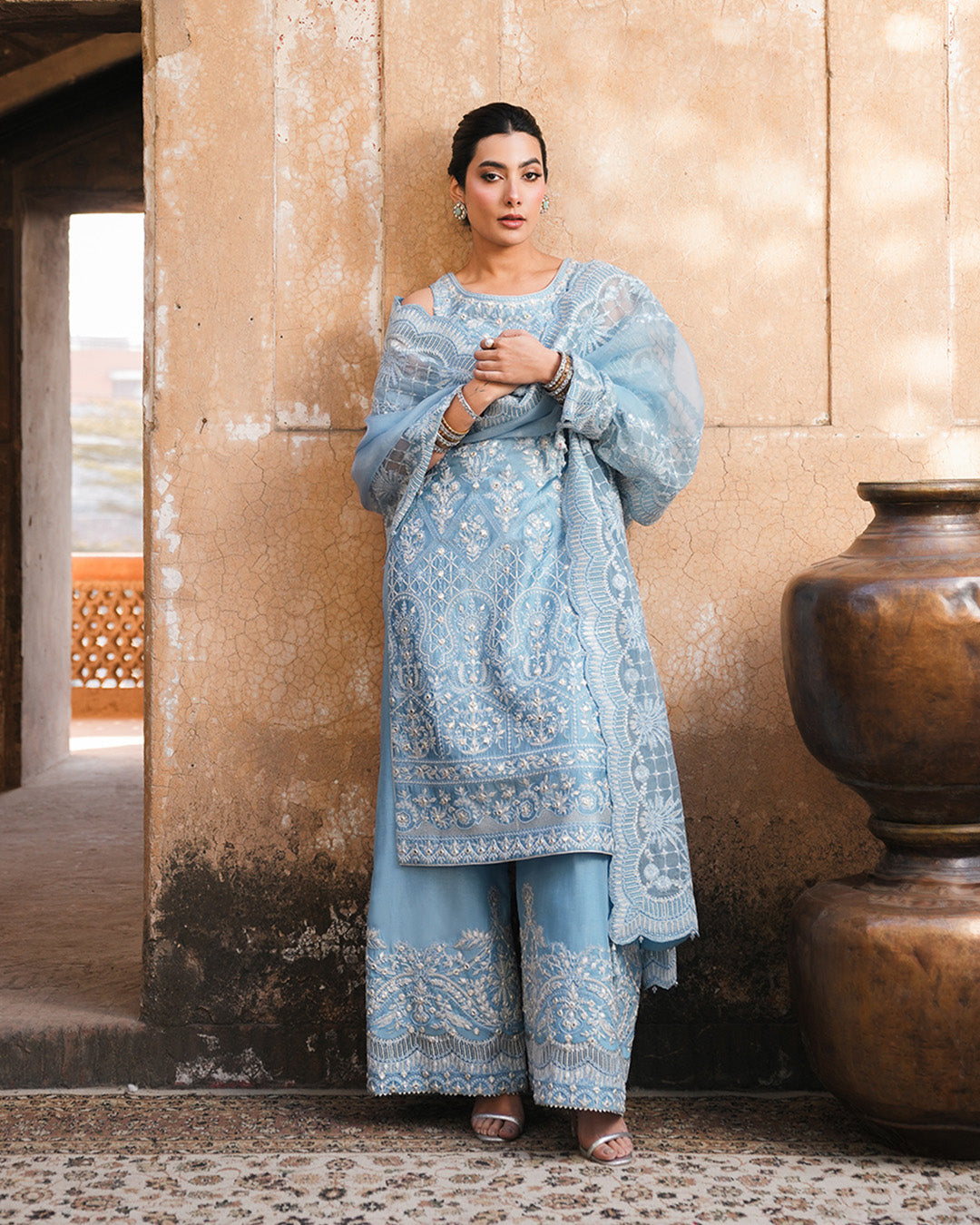 Model Wearing Faiza Saqlain Yulia Ice Blue Shirt with Culottes for formal events wear - Pakistani Designer Wear for Women in UK | Kifat