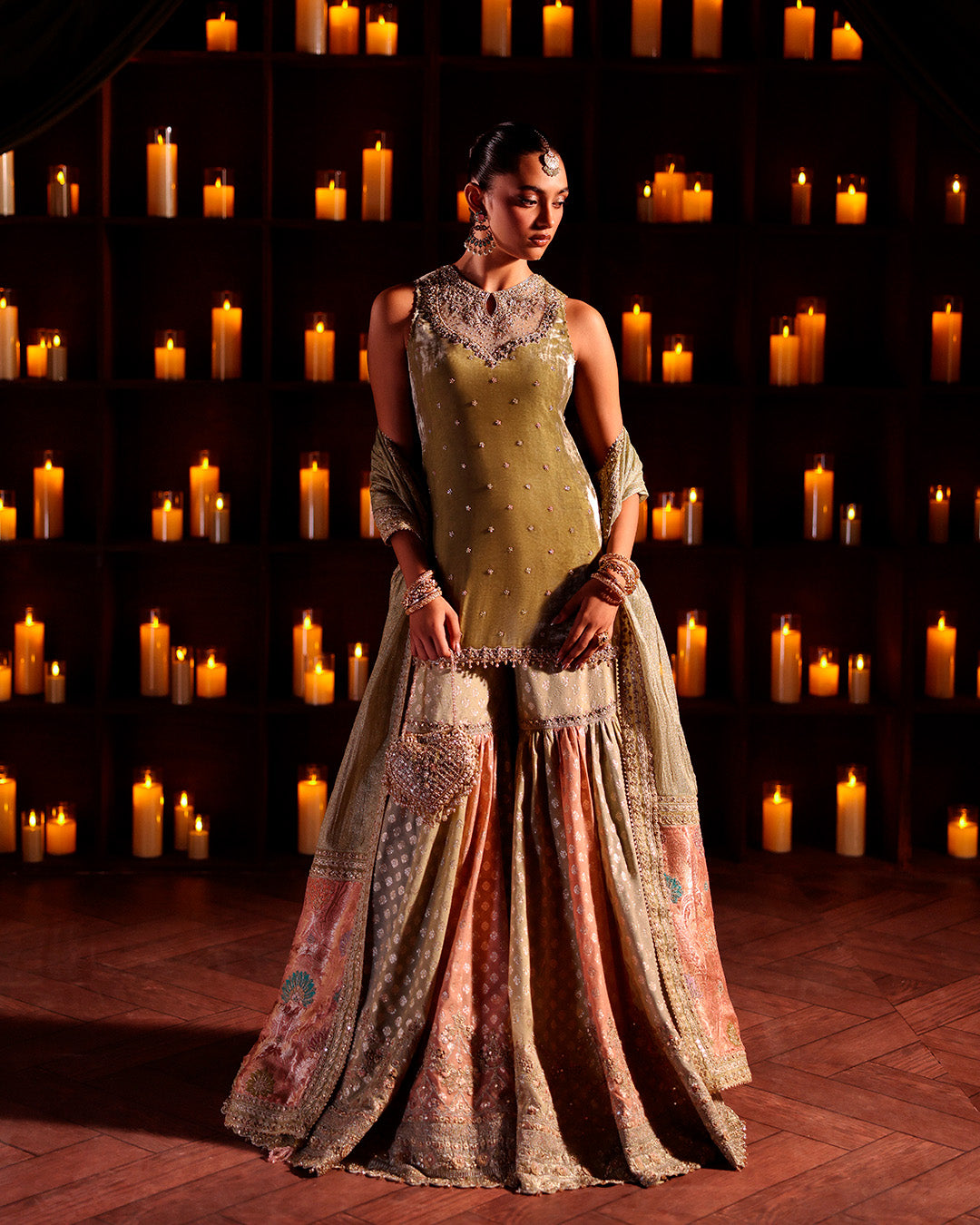 Model Wearing Faiza Saqlain Zerra Muted Olive Green Shirt with Gharara for wedding wear - Pakistani Designer Wear for Women in UK | Kifat