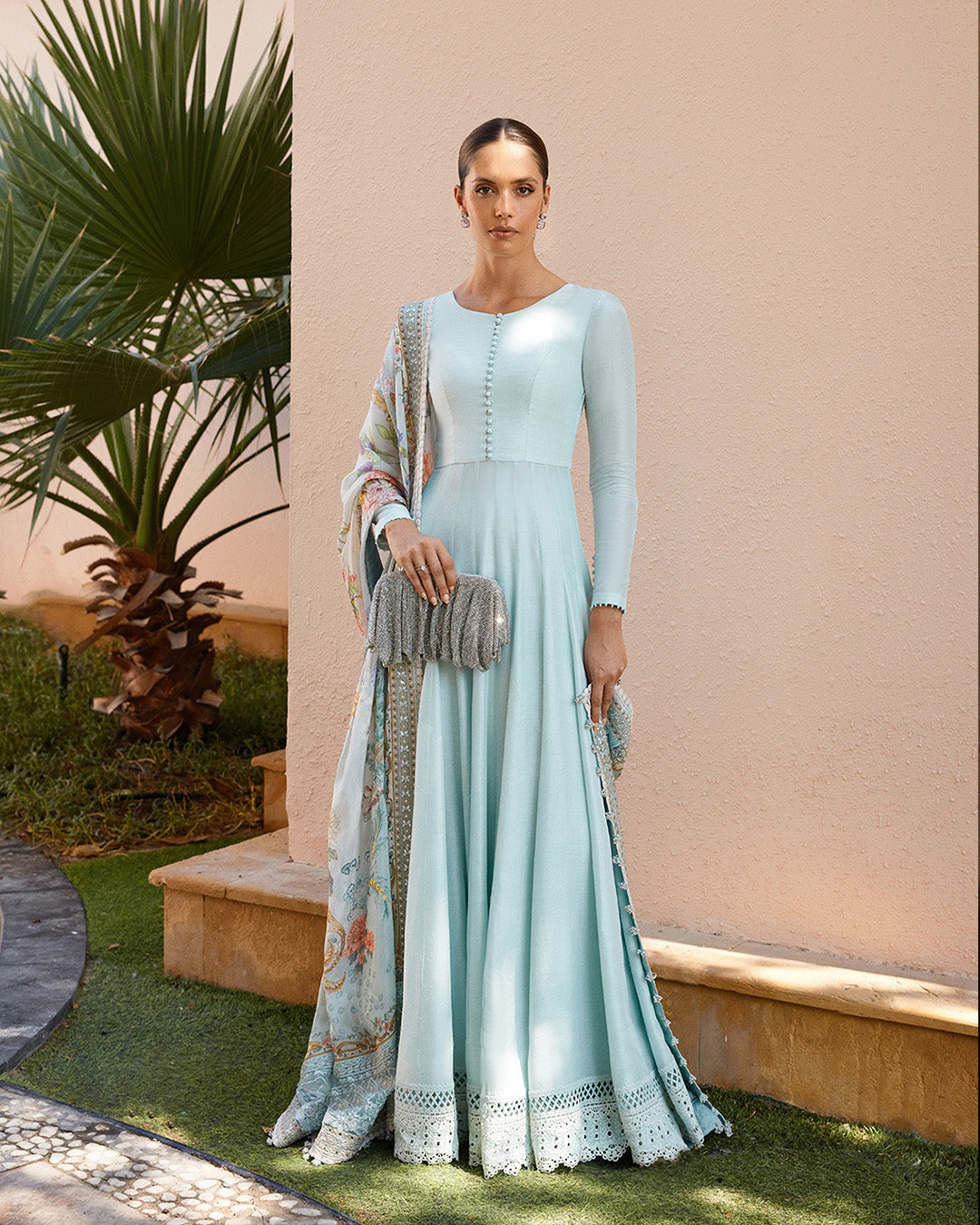 Model Wearing Faiza Saqlain Latissa Ice Blue Pishwas with Churidar for Ladies wear - Pakistani Designer Wear for Women in UK | Kifat