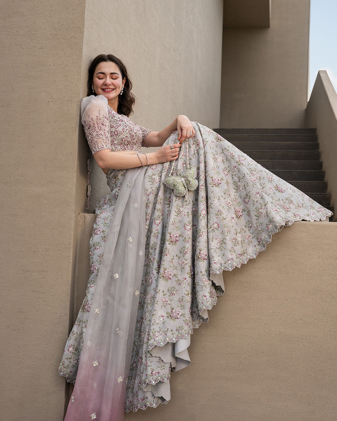 Model Wearing Faiza Saqlain Chanaah Light Grey Lehnga Choli for wedding wear - Pakistani Designer Wear for Women in UK | Kifat