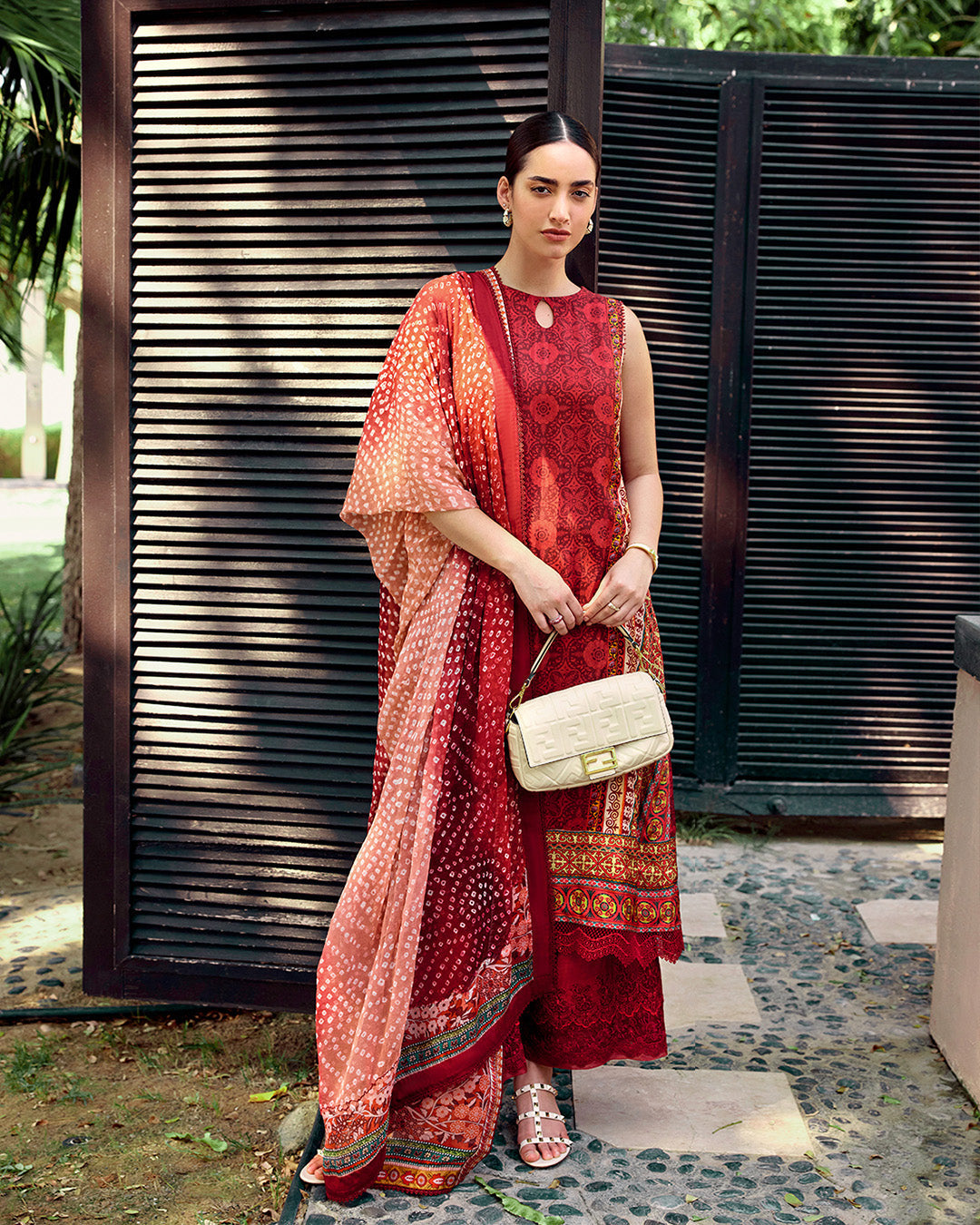 Model Wearing Faiza Saqlain Gloriana Red Shirt with Churidar for Ladies wear - Pakistani Designer Wear for Women in UK | Kifat