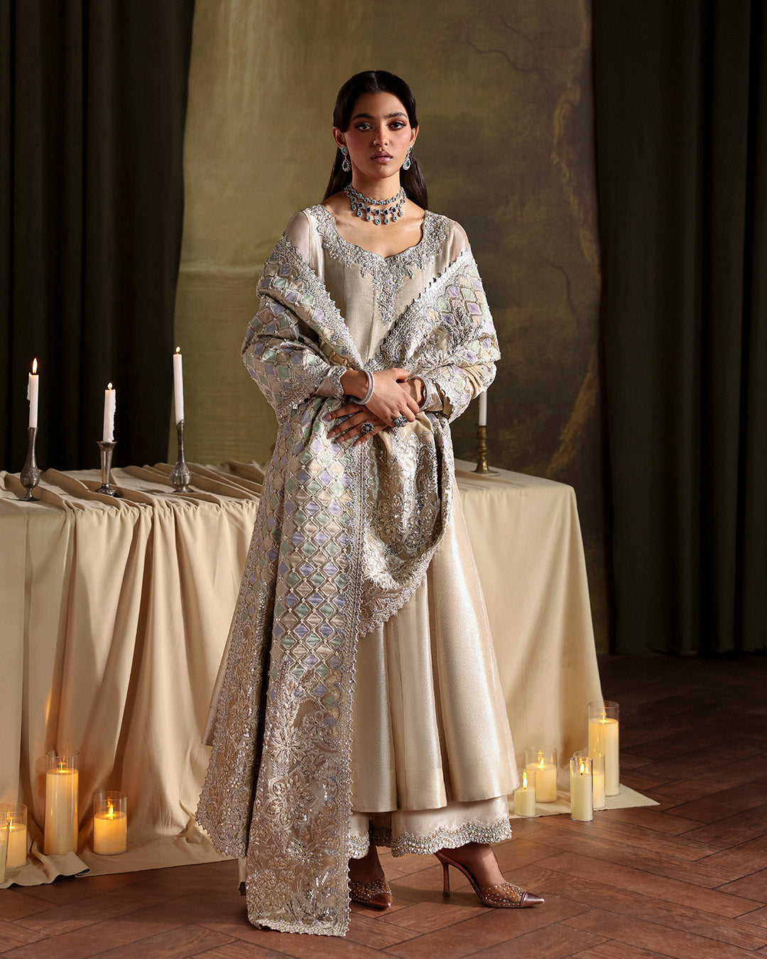 Model Wearing Faiza Saqlain Joella Ivory Gold Kalidaar for wedding wear - Pakistani Designer Wear for Women in UK | Kifat