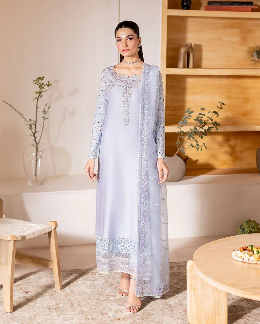 Women Wearing Verve Ice Blue Long Shirt for Luxury Events - Pakistani Designer Wear for Women in UK | Kifat