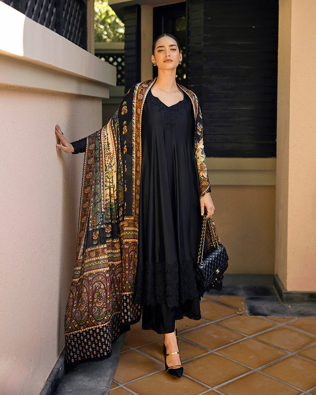 Model Wearing Faiza Saqlain Shelina Black Kalidaar with Culottes for Ladies wear - Pakistani Designer Wear for Women in UK | Kifat