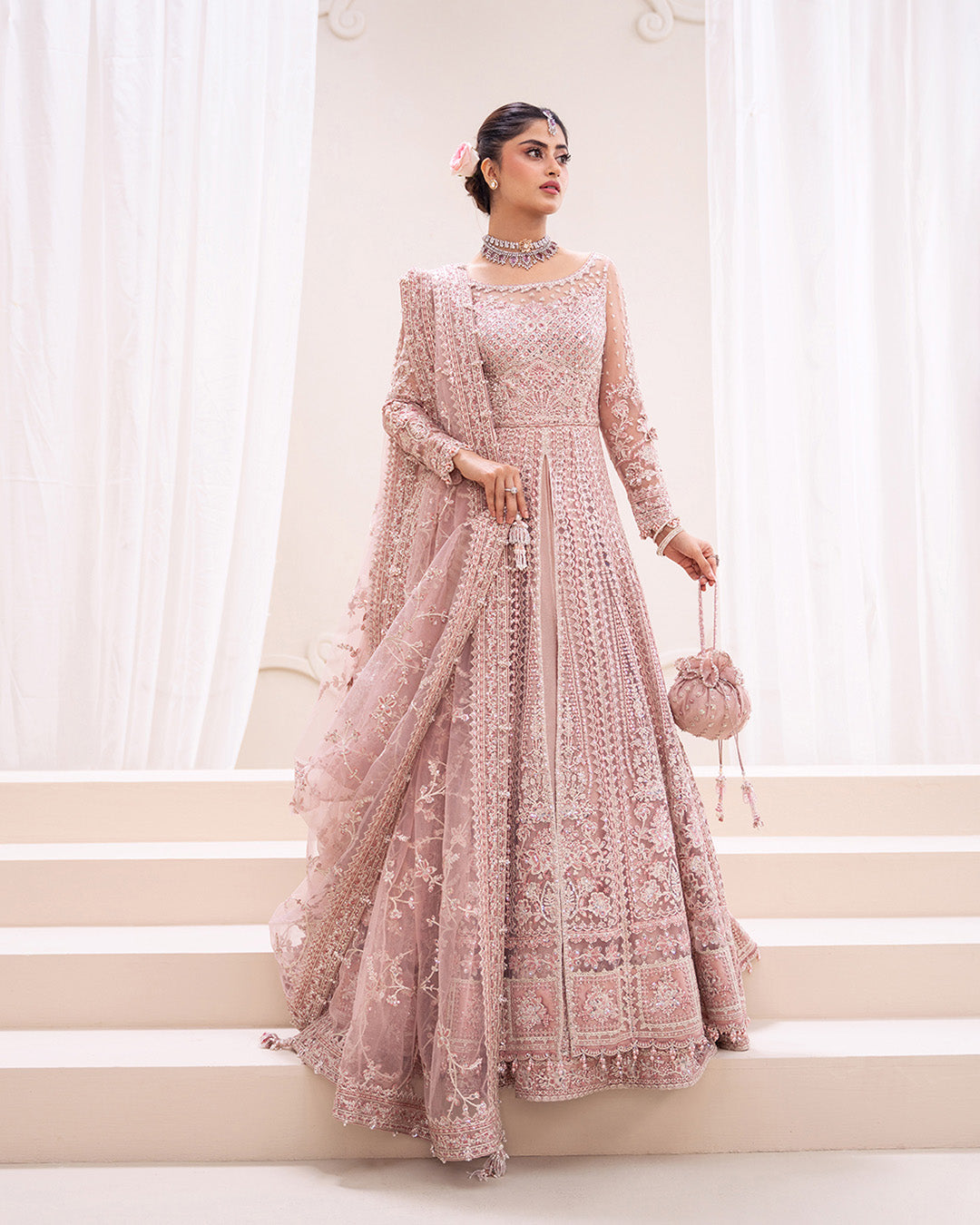 Model Wearing Faiza Saqlain Leyan Dusty Pink Shirt with Lehnga for wedding wear - Pakistani Designer Wear for Women in UK | Kifat