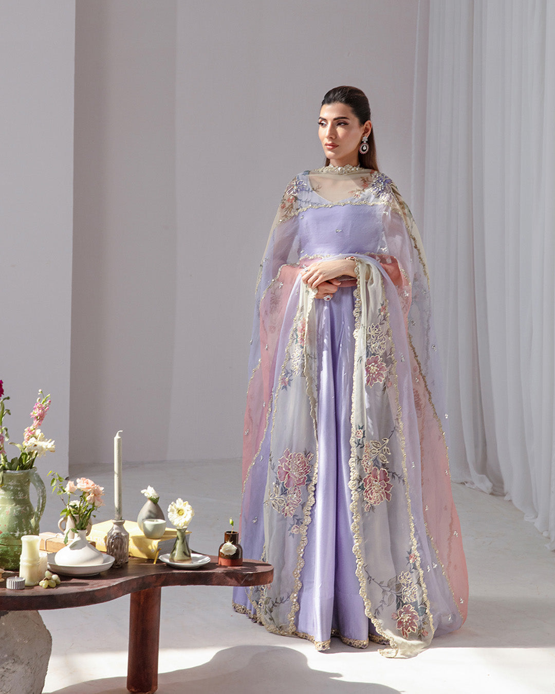 Model Wearing Faiza Saqlain Keva Lilac Pishwas for wedding wear - Pakistani Designer Wear for Women in UK | Kifat
