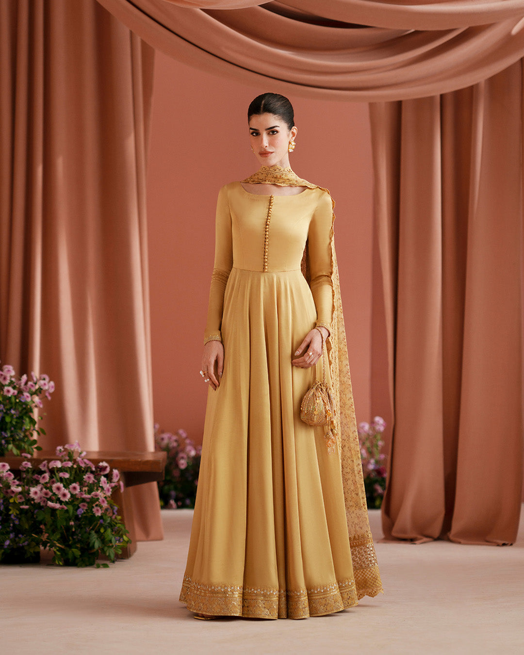 Women Wearing Alaa Mustard Pishwas for Luxury Events - Pakistani Designer Wear for Women in UK | Kifat