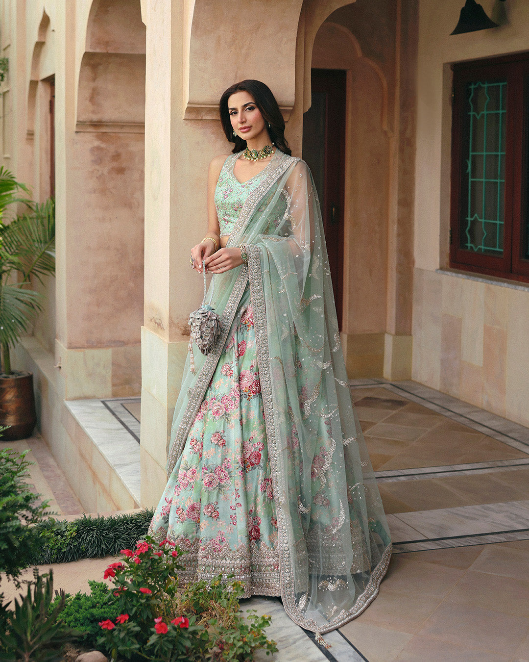 Model Wearing Faiza Saqlain Rosabelle Sea Green Lehnga Choli for wedding wear - Pakistani Designer Wear for Women in UK | Kifat