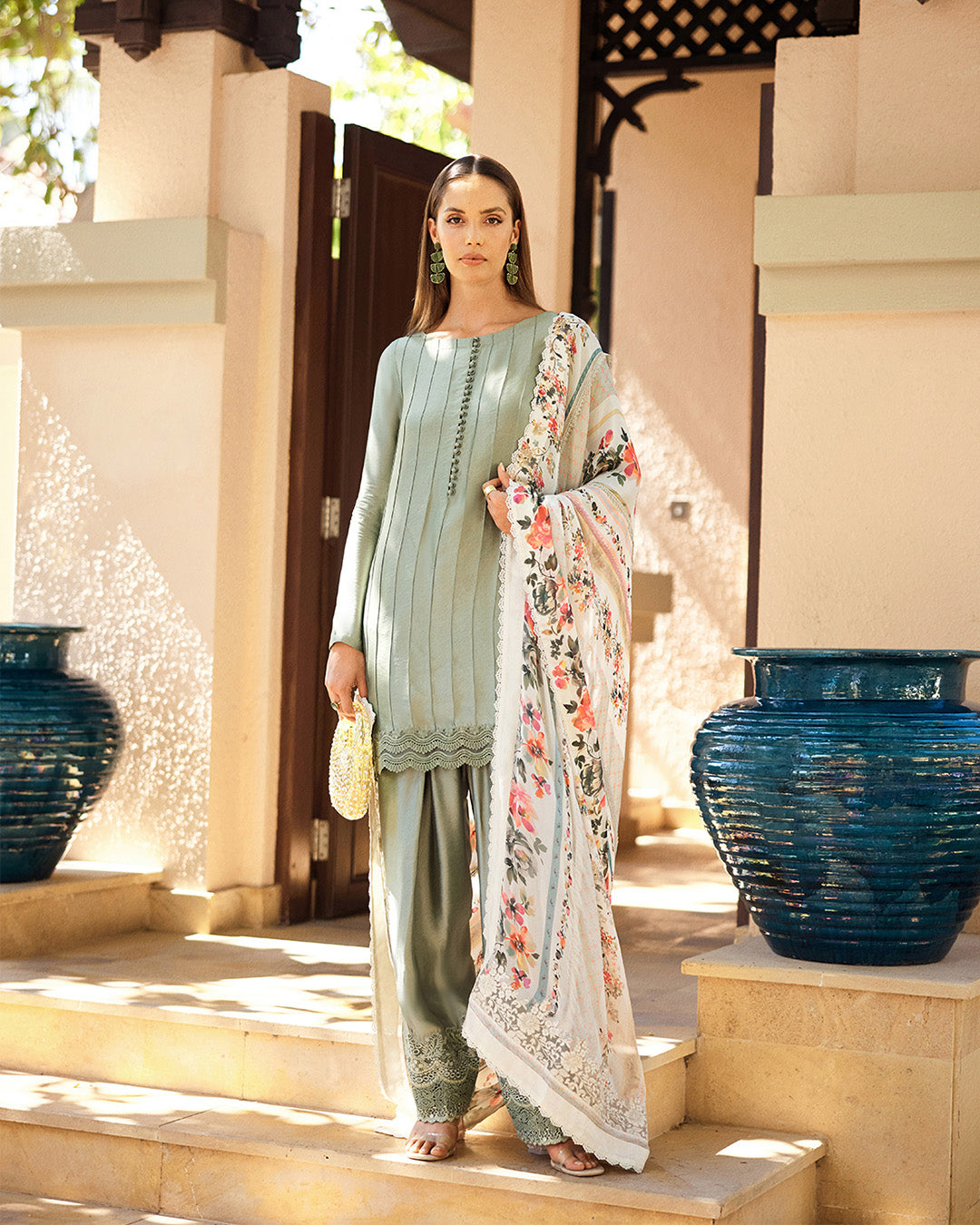 Model Wearing Faiza Saqlain Leia Pastel Blue Kalidaar with Culottes for Ladies wear - Pakistani Designer Wear for Women in UK | Kifat
