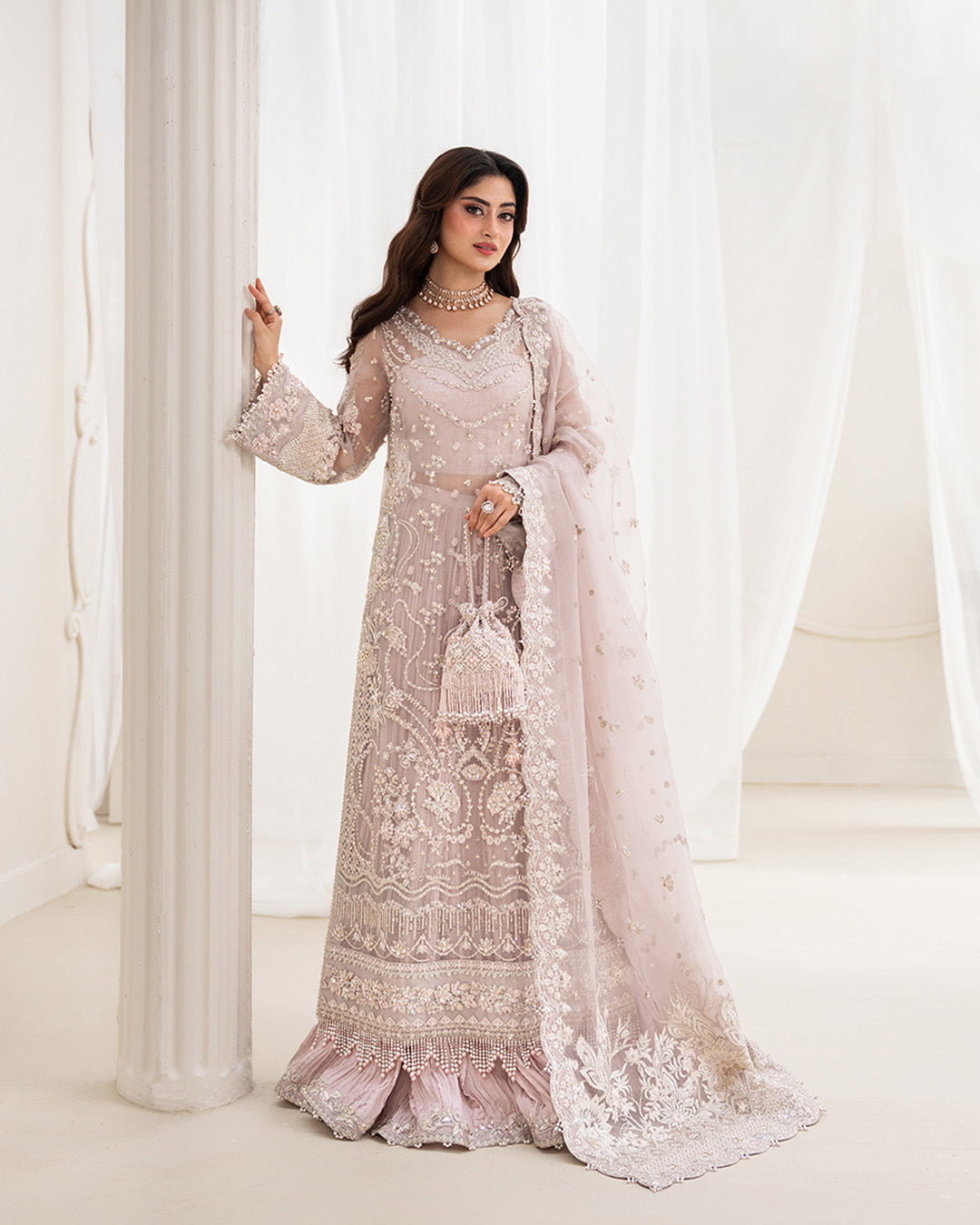 Model Wearing Faiza Saqlain Ela Dusty Rose Shirt with Trouser for formal events wear - Pakistani Designer Wear for Women in UK | Kifat