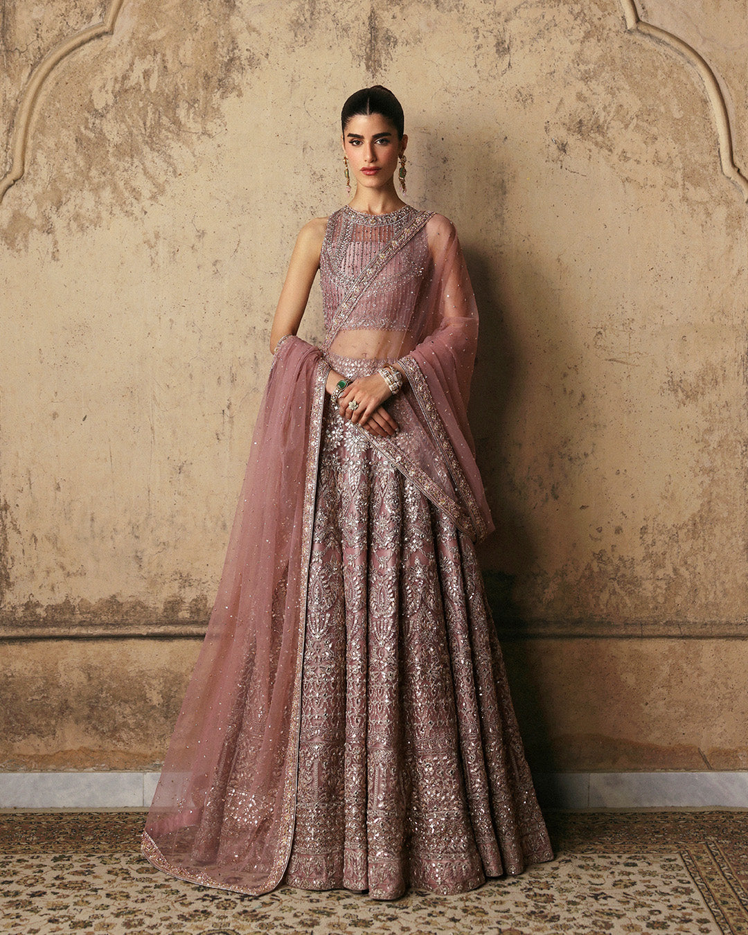 Model Wearing Faiza Saqlain Prenia Dusty Rose Lehnga Choli for wedding wear - Pakistani Designer Wear for Women in UK | Kifat