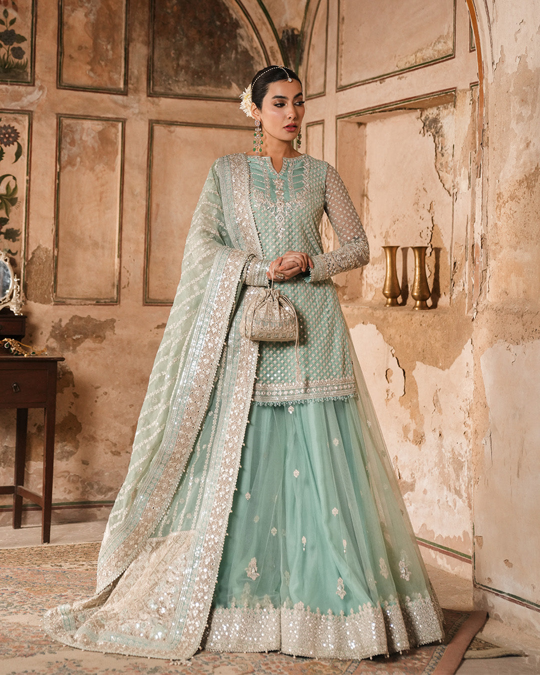 Model Wearing Faiza Saqlain Valari Pastel Blue Shirt with Sharara for wedding wear - Pakistani Designer Wear for Women in UK | Kifat