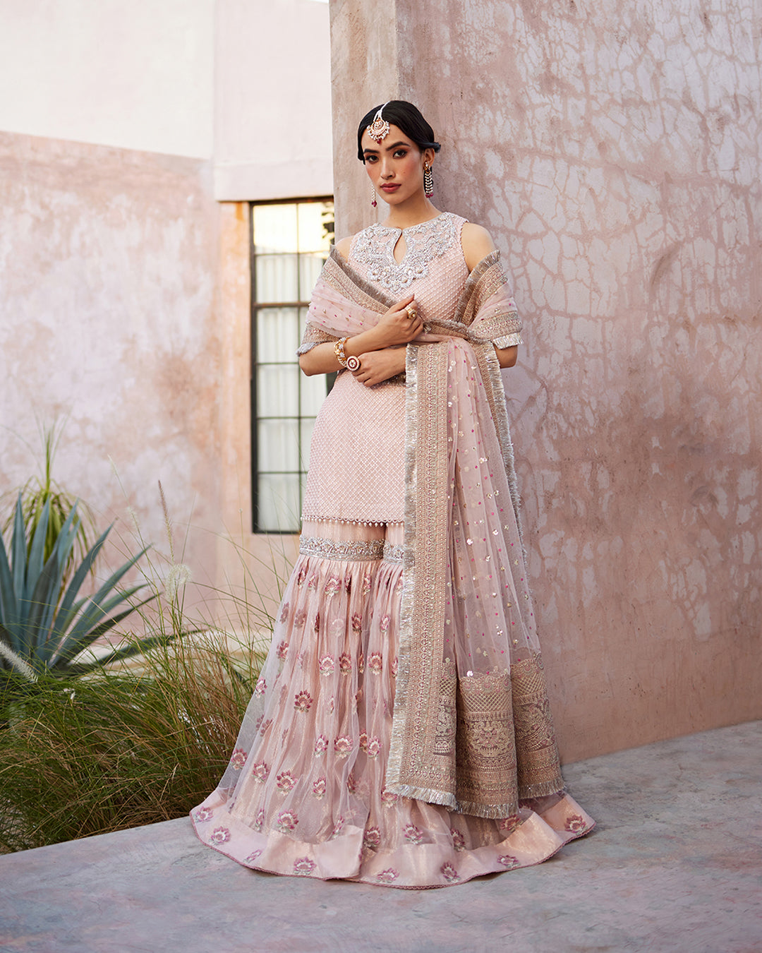 Model Wearing Faiza Saqlain Eilees Powder Pink Shirt with Gharara for wedding wear - Pakistani Designer Wear for Women in UK | Kifat