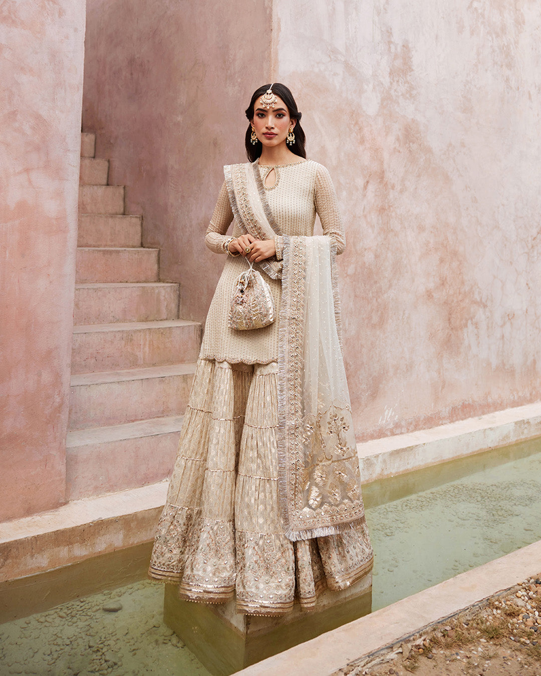 Model Wearing Faiza Saqlain Kaia Off-White Shirt with Gharara for wedding wear - Pakistani Designer Wear for Women in UK | Kifat