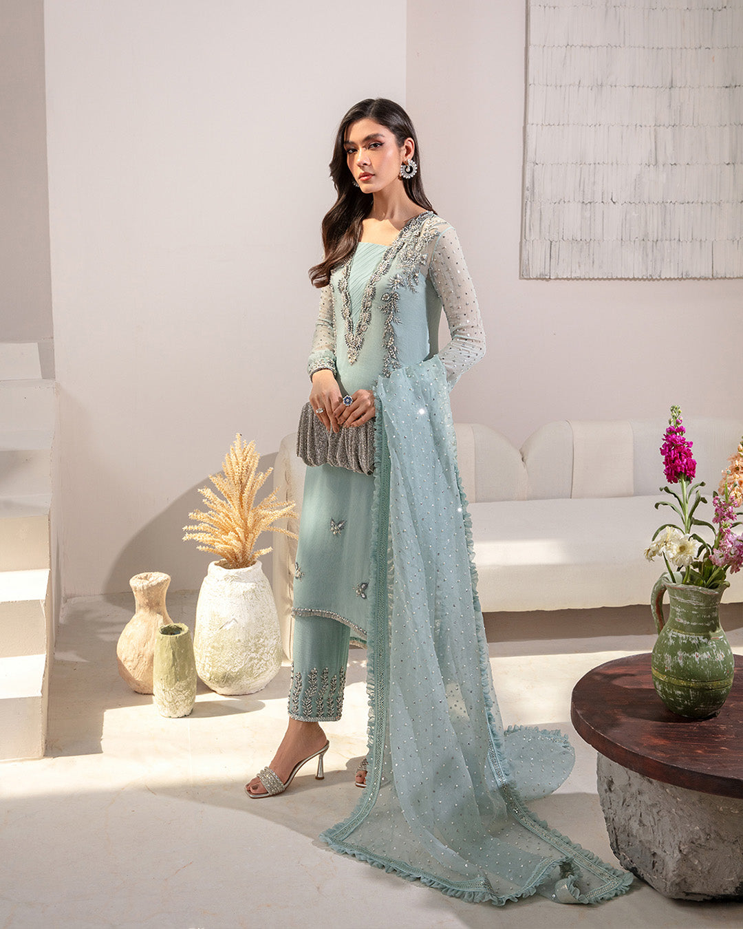 Model Wearing Faiza Saqlain Arleena Ice Blue Shirt with Trouser for formal events wear - Pakistani Designer Wear for Women in UK | Kifat