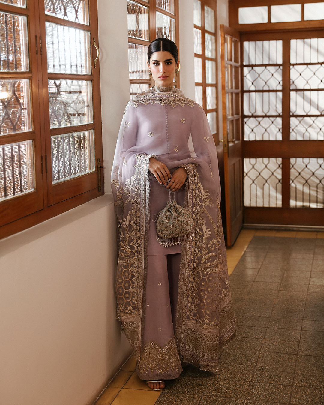 Model Wearing Faiza Saqlain Aurene Lilac Shirt with Flated Pants for formal events wear - Pakistani Designer Wear for Women in UK | Kifat