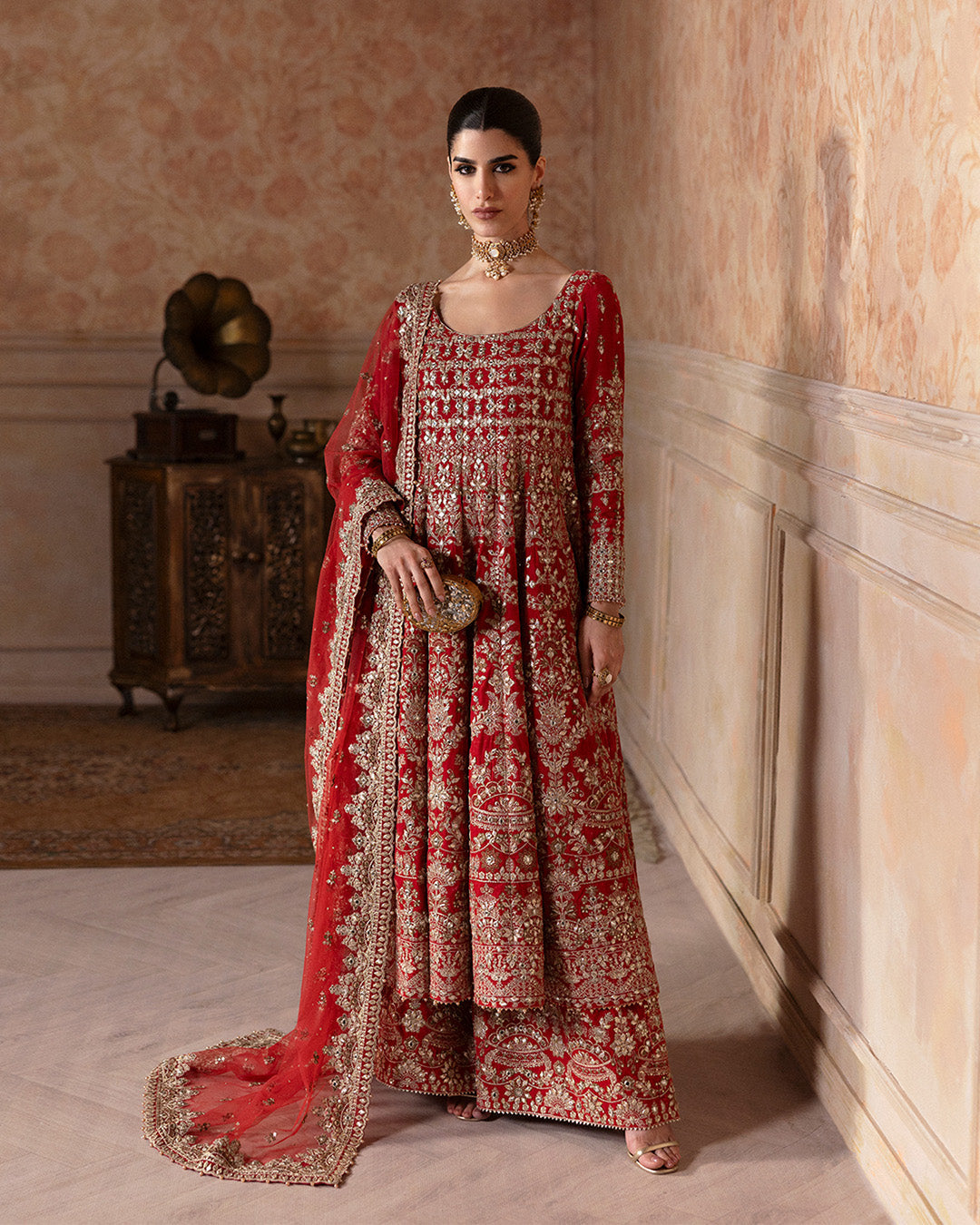 Model Wearing Faiza Saqlain Savina Coral Red Shirt with Culottes for wedding wear - Pakistani Designer Wear for Women in UK | Kifat