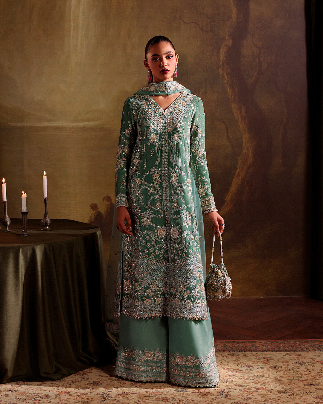 Model Wearing Faiza Saqlain Lexine Dusty Jade Shirt with Trouser for wedding wear - Pakistani Designer Wear for Women in UK | Kifat