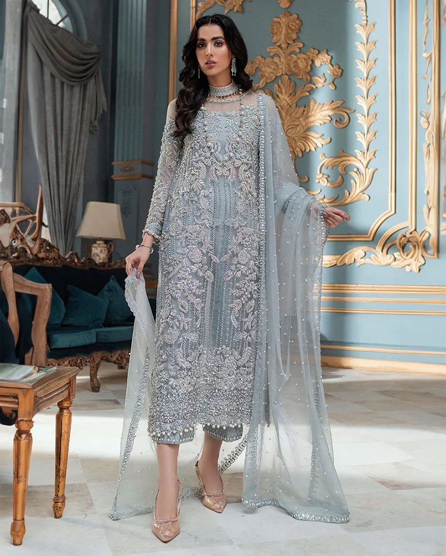Women Wearing Adela (3 Piece) Ice Blue Long Shirt for Formal Events - Pakistani Designer Wear for Women in UK | Kifat