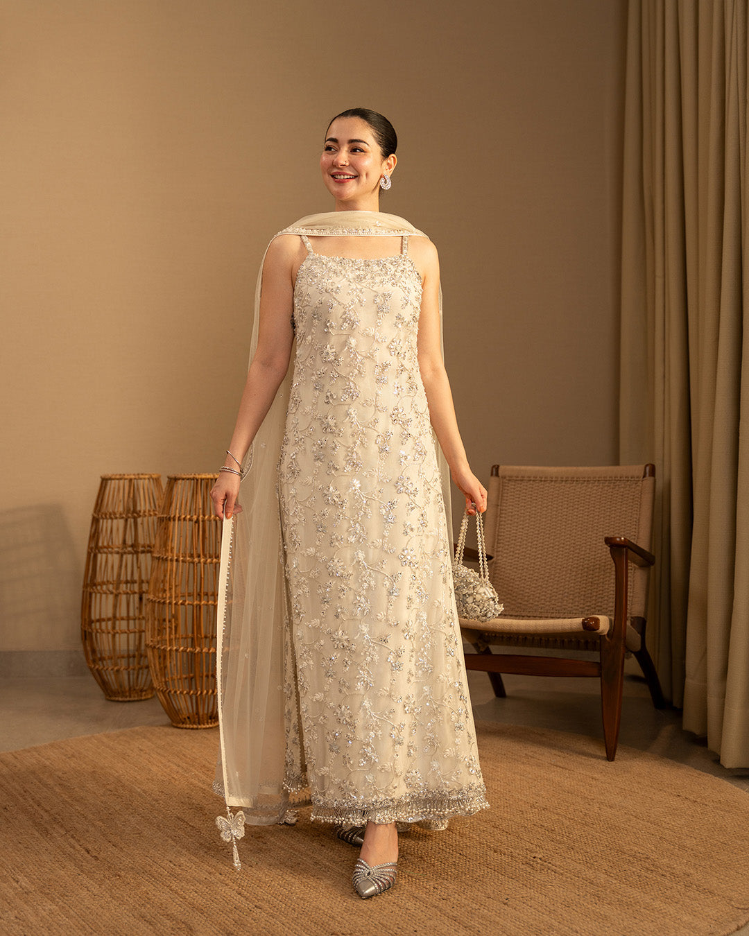 Model wearing Faiza Saqlain Penina Off-White Shirt with Culottes for Ladies wear - Pakistani Designer Wear for Women in UK | Kifat