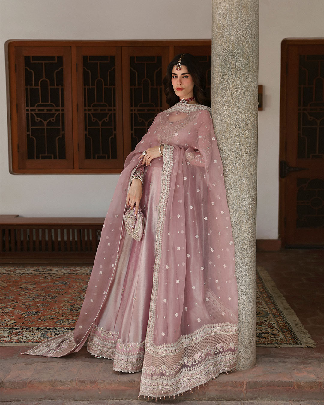 Model Wearing Faiza Saqlain Halina Seashell Pink Pishwas with Churidaar for wedding wear - Pakistani Designer Wear for Women in UK | Kifat