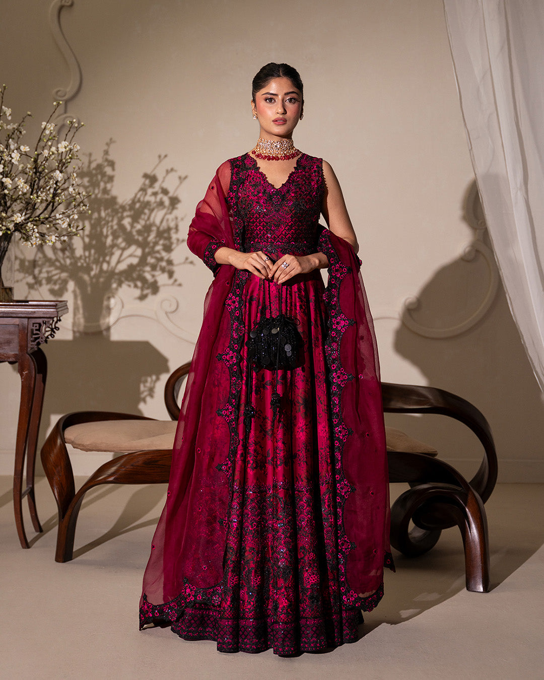 Model Wearing Faiza Saqlain Havin Dark Magenta Pink Shirt with Lehnga for wedding wear - Pakistani Designer Wear for Women in UK | Kifat