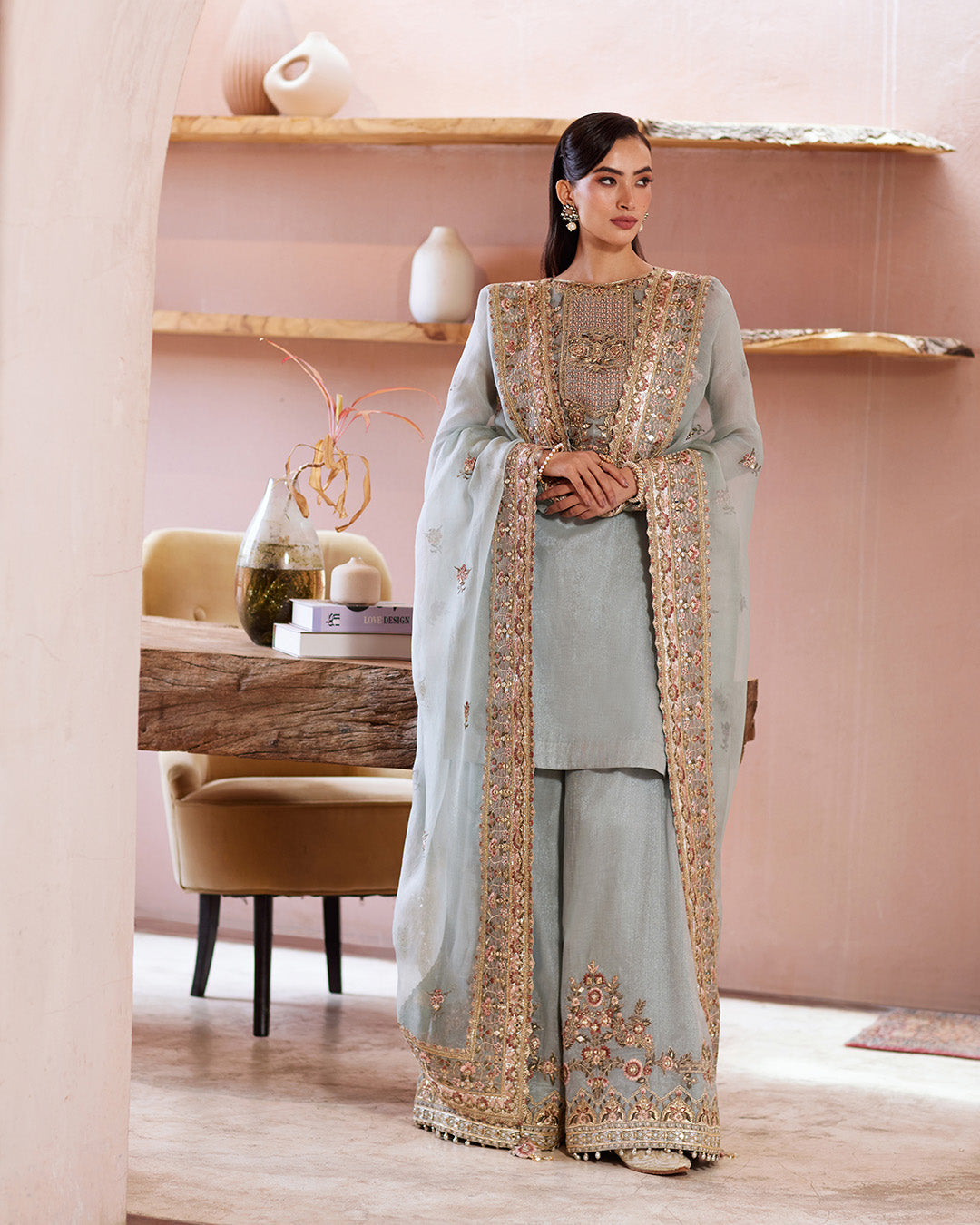 Model Wearing Faiza Saqlain Zaafia Ice Blue Shirt with Flared Pants for wedding wear - Pakistani Designer Wear for Women in UK | Kifat