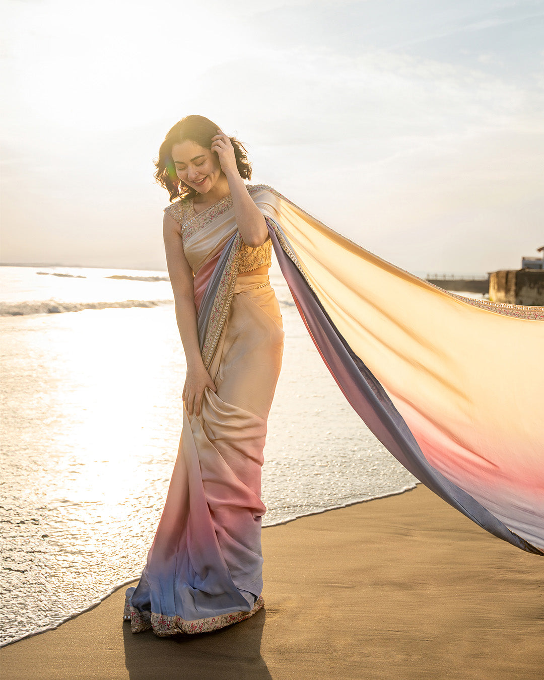 Model Wearing Faiza Saqlain Lena Cream and Ombre Saree for Ladies wear - Pakistani Designer Wear for Women in UK | Kifat