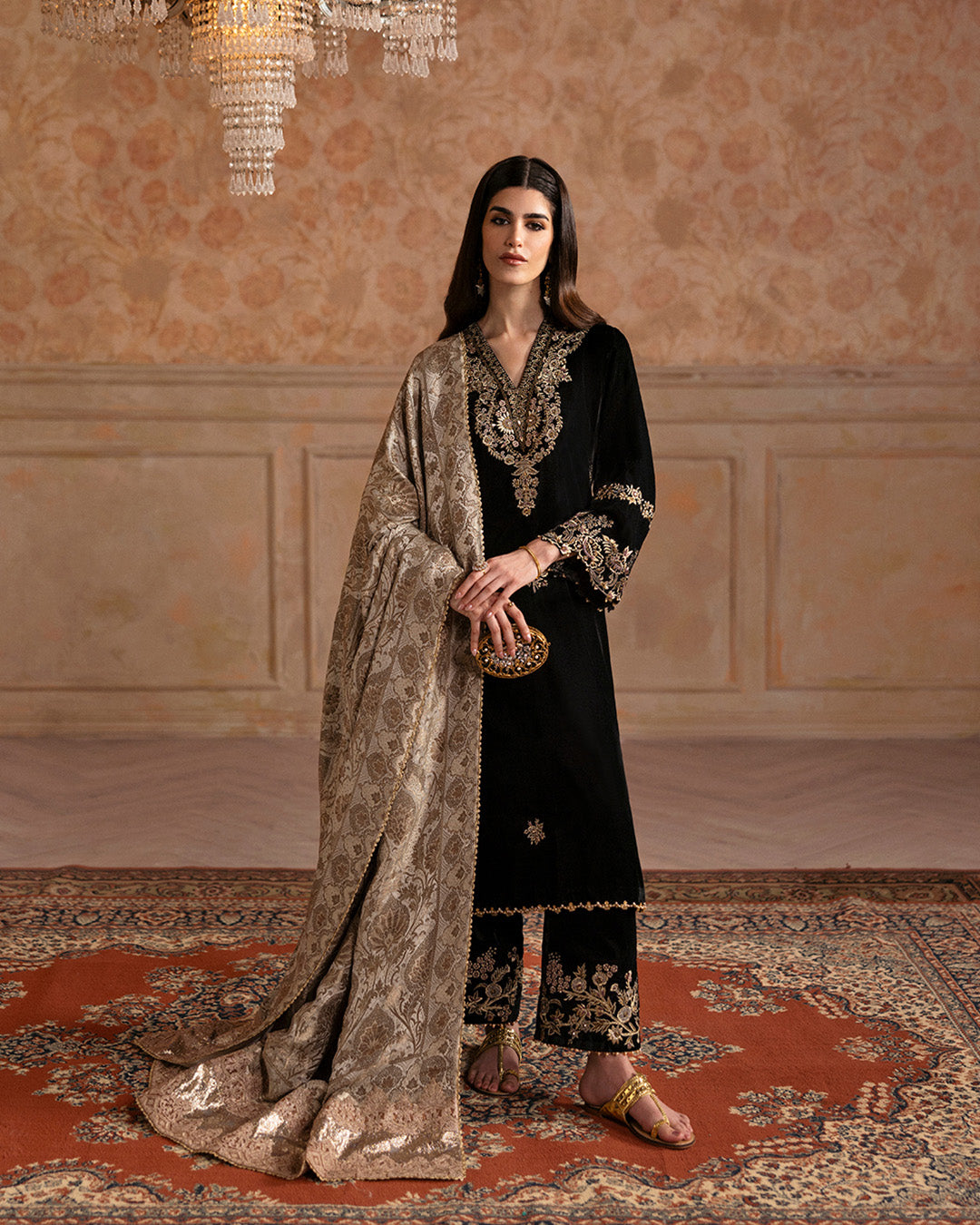 Model Wearing Faiza Saqlain Vita Black Shirt with Trouser for formal events wear - Pakistani Designer Wear for Women in UK | Kifat