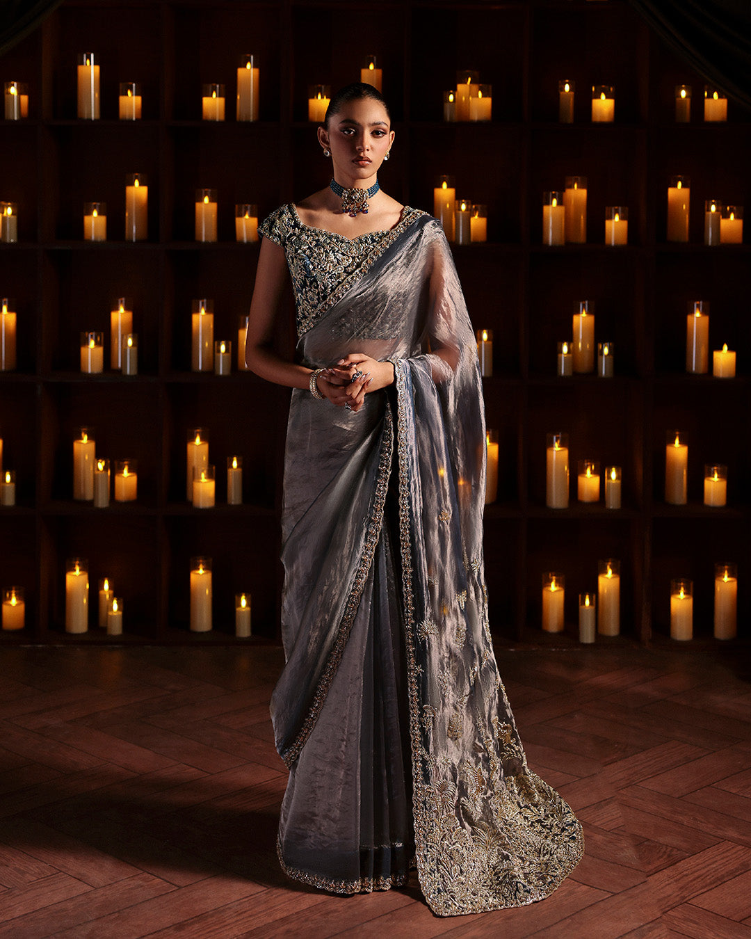 Model Wearing Faiza Saqlain Lenita steel blue hue Saree for wedding wear - Pakistani Designer Wear for Women in UK | Kifat