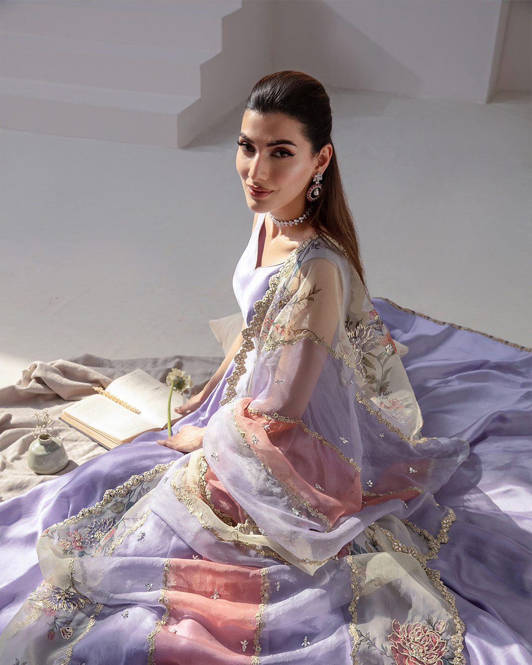 Model Wearing Faiza Saqlain Keva Lilac Pishwas for wedding wear - Pakistani Designer Wear for Women in UK | Kifat