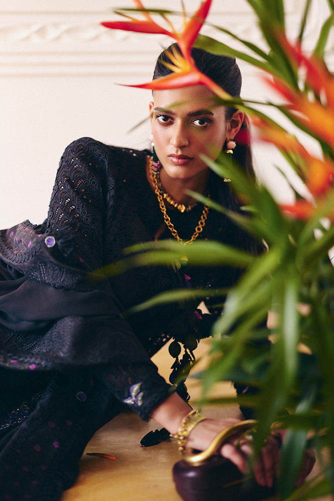 Model Wearing Suffuse by Sana Yasir LEYLA Midnight Black Shirt with bell-bottom pants for Casual Dress- Pakistani Designer wear for Women in UK | Kifat