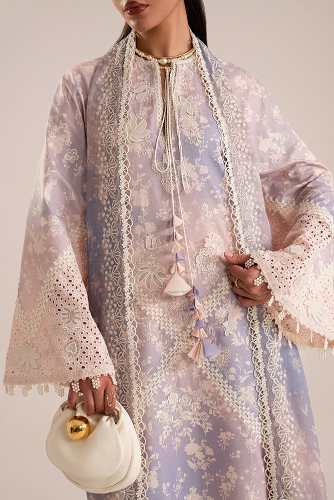Model Wearing Suffuse by Sana Yasir EESHAR Periwinkle Peach Kaftan with culottes for Casual Dress- Pakistani Designer wear for Women in UK | Kifat
