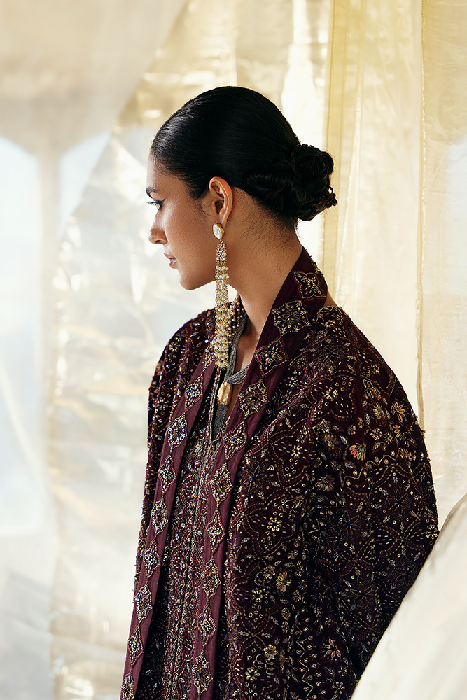 Model Wearing Suffuse by Sana Yasir ORANA Chocolate amber front open jacket with pants for Formal Events- Pakistani Designer wear for Women in UK | Kifat