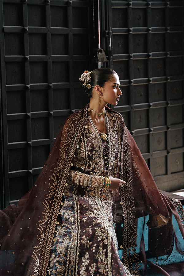Model Wearing Suffuse by Sana Yasir Vionna Dark brown front open shirt with sharara for Wedding Wear - Pakistani Designer wear for Women in UK | Kifat
