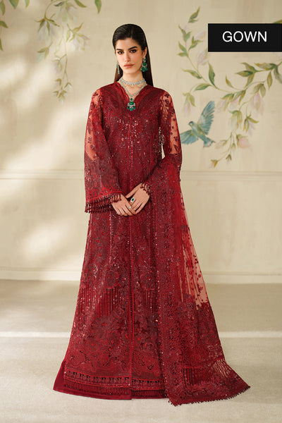 Baroque CH14-01 Maroon Sleek Long Shirt with Crushed Sharara,Front Open Gown with Sharara Pants for Wedding Wear - Pakistani Designer Wear for Women in UK | Kifat