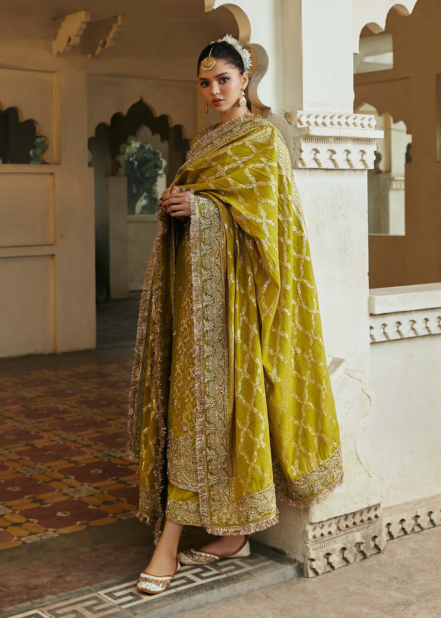 Kanwal Malik Parrot Green Shirt with culottes trousers for Luxury Wedding wear - Pakistani Designer Wear for Women in UK | Kifat