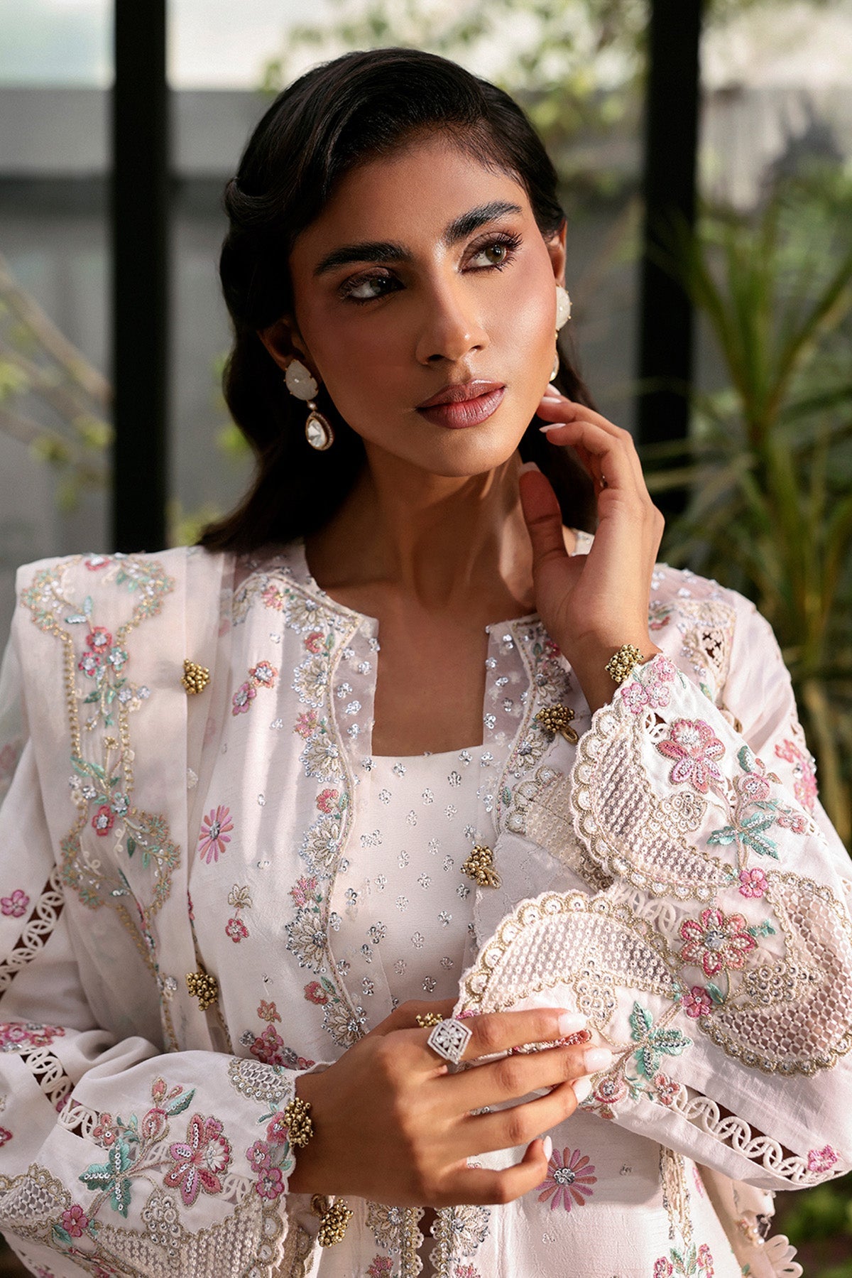 Women Wearing Rue White Front Open Shirt With Crushed Sharara  For Festive Events - Pakistani Designer Wear For Women In Uk | Kifat