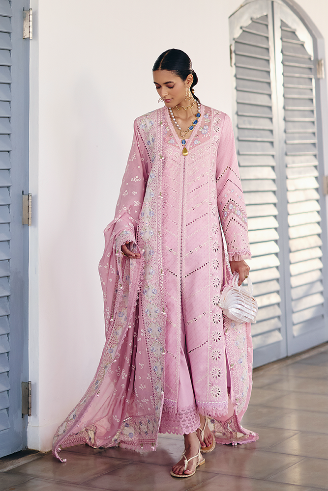 Model Wearing Suffuse by Sana Yasir SAFAR Lilac Pink front-open shirt with culottes for Casual Dress- Pakistani Designer wear for Women in UK | Kifat